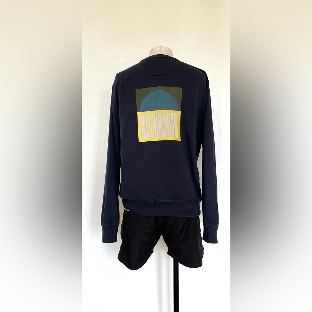 SATURDAYS NYC FRENCH TERRY BOWERY SUN GRAPHIC SWEATSHIRT NAVY BLUE BOYFRIEND - Picture 9 of 9